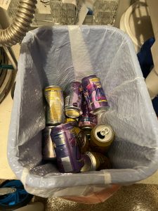 We have been collecting cans throughout the week. The cleaning lady likes to recycle these cans for her own cash. We let her have it as a means to share. 