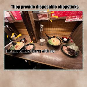 When dining out and needing disposable chopsticks, I reduce waste by using the single-use chopsticks that come with delivery meals at home when going out.
